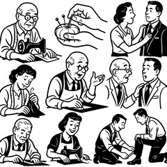 Retro cartoon tailors sewing and designing clothes in vintage comic style, Transparent Background