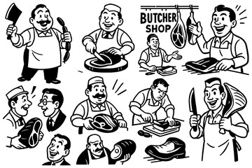 Retro cartoon butchers cutting meat and preparing products in vintage comic style, Transparent Background