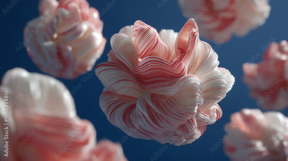Poster soft, swirling, pink and white abstract forms resembling delicate fabric or petals float against a d
