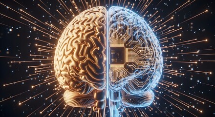 Conceptual image of a human brain with one half organic and the other half a computer chip, surrounded by radiating light beams.