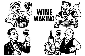 Retro cartoon winemakers harvesting grapes and producing wine in vintage comic style, Transparent Background