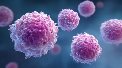 Close-up 3D illustration of pink human cells with textured surfaces floating in a bluish background, showcasing cellular structure and biological detail