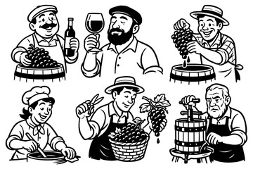 Retro cartoon winemakers harvesting grapes and producing wine in vintage comic style, Transparent Background