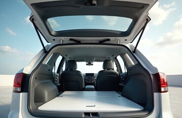 Open car trunk spacious interior with clean seats, large flat surface. Modern automobile design offers ample cargo space for travel, road trips, storage. Vehicle interior highlights comfort,