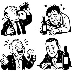 Retro cartoon people drinking alcohol and showing tipsy expressions in vintage comic style, Transparent Background