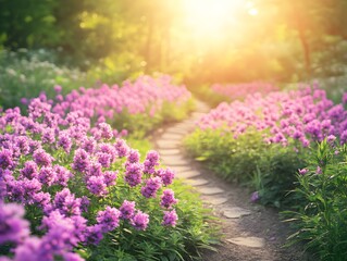 Obraz premium Sunlit Garden Path with Blooming Purple Flowers