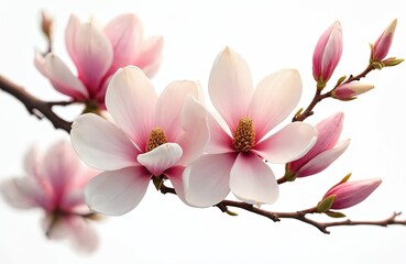 Obraz premium Pink, white magnolia blossoms, buds on branches. Delicate, elegant flowers bloom, evoking spring freshness, natural beauty. Soft pastel petals, intricate floral details, isolated on white background.