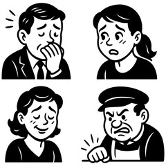Retro cartoon people showing sad and worried expressions in vintage comic style, Transparent Background