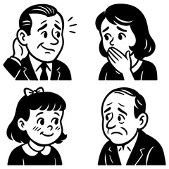 Retro cartoon people showing sad and worried expressions in vintage comic style, Transparent Background
