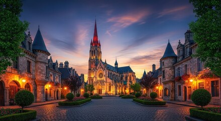 Obraz premium Majestic gothic cathedral illuminated by dramatic sunset sky amidst enchanting european cityscape