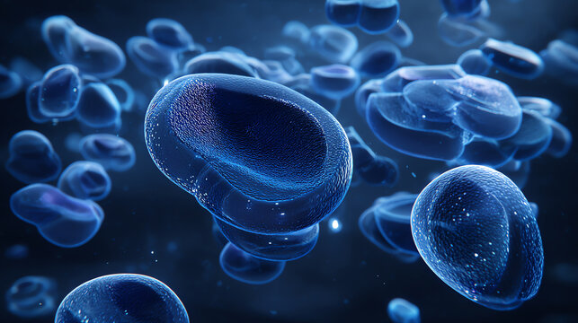 Close-up digital illustration of blue blood cells floating in a dark fluid environment, highlighting their textured surfaces and organic shapes in a scientific and futuristic style - Powered by Adobe