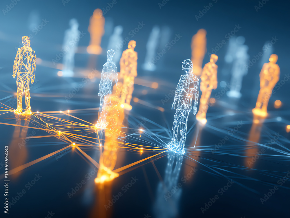 Poster digital wireframe human figures illuminated in orange and blue, connected by a network of glowing li
