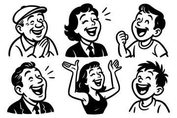 Retro cartoon people laughing and smiling in vintage comic style, Transparent Background