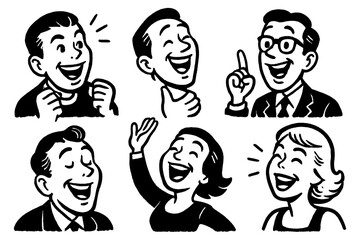 Retro cartoon people laughing and smiling in vintage comic style, Transparent Background