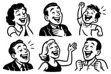 Retro cartoon people laughing and smiling in vintage comic style, Transparent Background