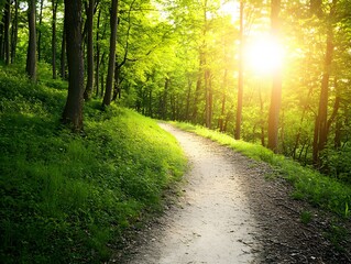 Obraz premium Scenic Sunlight Path Winding Through Lush Green Forest