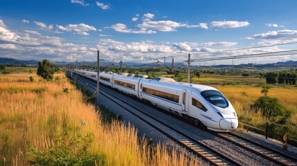 Fototapeta premium White High-Speed Train Traveling Through Green Grassland Under Blue Sky