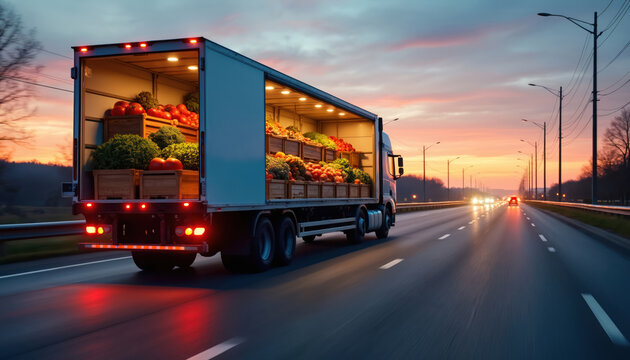 Refrigerated truck transports fresh produce crates on highway at dusk. Faceless semi-trailer carries fruits, vegetables, emphasizing efficient logistics, supply chain operations for market