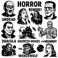 Hand drawn vintage horror illustrations with spooky characters and classic monsters, Transparent Background