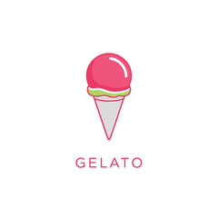Pink gelato in a waffle cone illustration.