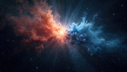 Obraz premium Vibrant orange and blue nebula expands across deep black space, dotted with numerous stars. Cosmic clouds swirl with light rays, suggesting stellar formation and cosmic events.