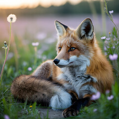 Fototapeta premium Red Fox in a Meadow Dreamy Wildlife Scene Serene Beauty Nature Shot