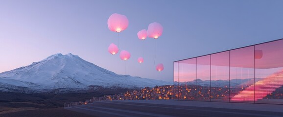 Pink lanterns ascend against a snowy mountain backdrop, reflected in a modern glass structure overlooking a village at twilight