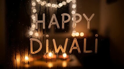 Diwali wishes on window, glowing candles, bokeh lights, festive background, celebrate, decoration, Hindu festival, religious holiday, light, joy, indoor.  Perfect for cultural events. - Powered by Adobe