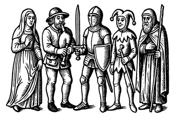 Medieval people in vintage engraving style with historical clothing and activities, Transparent Background