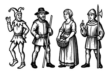 Medieval people in vintage engraving style with historical clothing and activities, Transparent Background