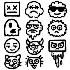 Hand drawn doodle emoji faces with quirky expressions and cartoon style characters, Transparent Background