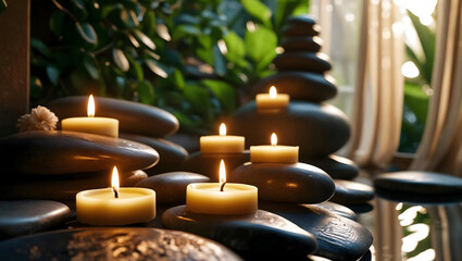 Soothing ambiance with glowing candles and stacked stones for spa treatments and peaceful relaxation