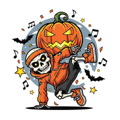Fototapeta premium A cartoon skeleton dancing while carrying a large jack-o'-lantern pumpkin.