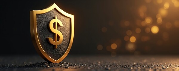 Golden shield with dollar symbol signifies financial security, protection against risks. Represents wealth, stability, investment safety, economic prosperity. Essential symbol for insurance, banking,