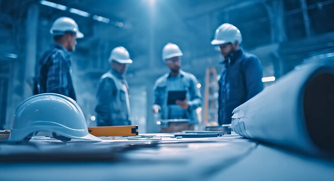 Diverse team of construction engineers in hard hats collaborating on blueprints and plans in a modern industrial facility