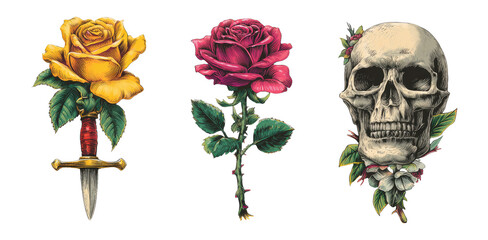 Fototapeta premium Detailed Floral Illustrations with Skull on Transparent Background