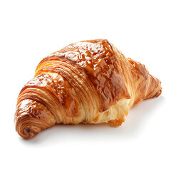 Golden, flaky croissant with a glossy finish, isolated on a white background