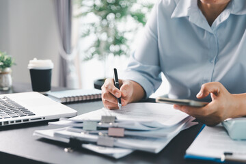 Business person with contract law and paper work for business finance, loan application form,...
