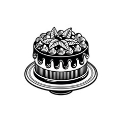 Elegant black and white cake illustration with decorative frosting and leaf accents silhouette vector