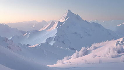 Stunning winter mountain landscape with fresh powder snow and pastel sky for travel adventure campaigns