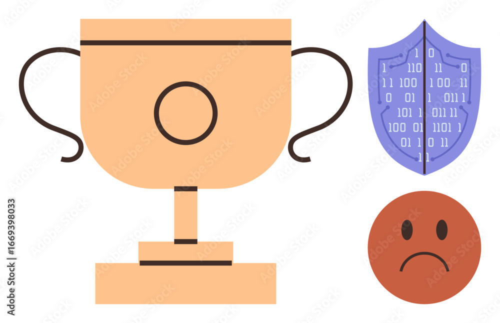Aufkleber golden trophy representing achievement, shield with binary code symbolizing cybersecurity, and sad f