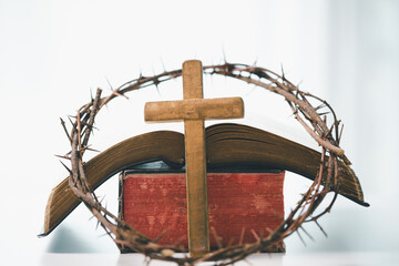 Crown of thorns and cross powerful symbols in Christianity, representing holy sacrifice of Jesus...