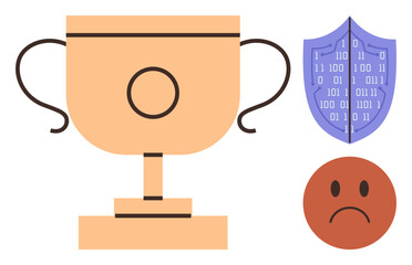 Fototapeta premium Golden trophy representing achievement, shield with binary code symbolizing cybersecurity, and sad face denoting challenges or failure. Ideal for ambition, competition, data protection, resilience