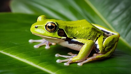 Obraz premium Closeup of tropical green frog sitting on wet leaf with raindrops in rainforest, exotic amphibian wildlife photography, fresh nature background for conservation, design and creative projects