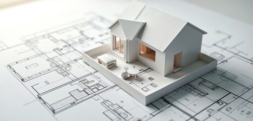 3D model house on architectural floor plan. Includes exterior building design, interior layout visualization, outdoor space. Clean, minimalist model home construction project, real estate