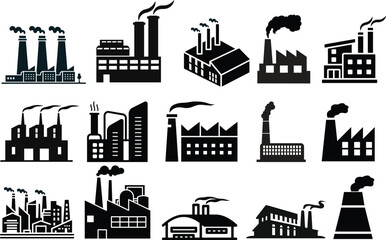 Industrial building factory icon set.Factory and industrial vector line icon.Industry power, chemical manufacturing building warehouse nuclear energy plant.Industrial building, factory and power plant