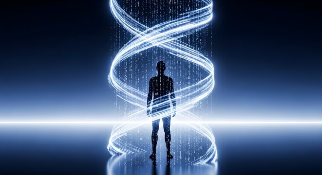 Silhouette of a human figure standing beneath a swirling, glowing DNA helix with cascading light, representing science, technology, and the future of genetic research.