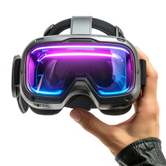 Hand Holding Futuristic VR Headset with Neon Glowing Visor &ndash; Isolated on Transparent Background