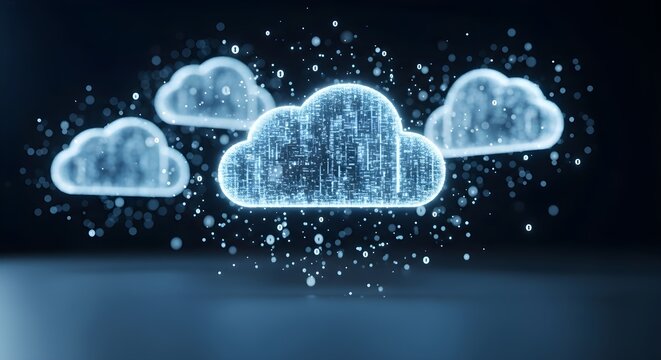 Four glowing blue cloud shapes hovering in the air, filled with digital data streams and surrounded by sparkling particles. - Powered by Adobe