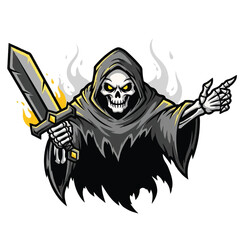 Cartoon grim reaper with sword, pointing. Vector illustration of spooky skeleton character.